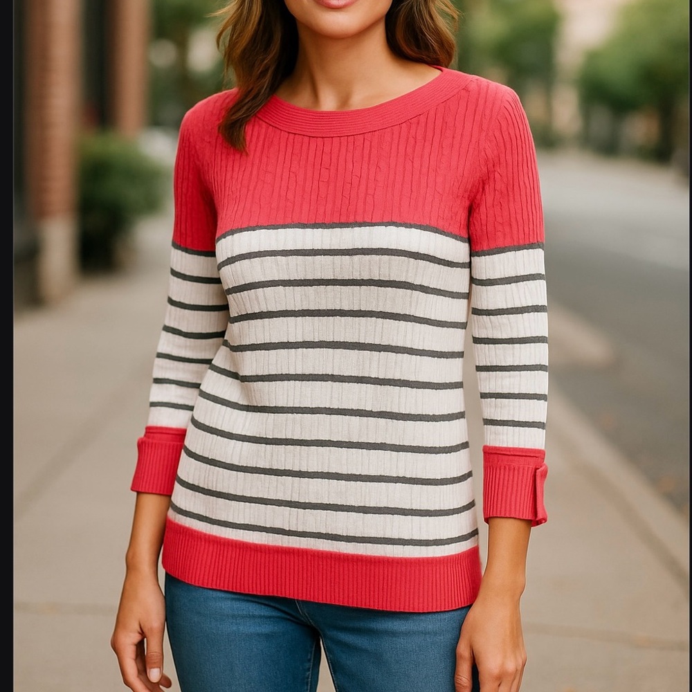 Karen Scott Pink and White Crew Neck knit top size small